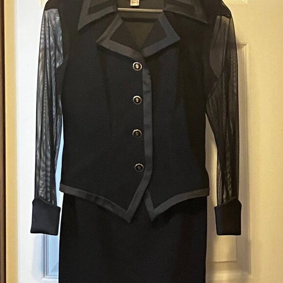 Classic Black Jacket with Sheer Sleeves and Skirt - Picture 2 of 7